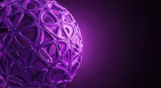 A close-up view of a complex, geometric, purple, wireframe sphere