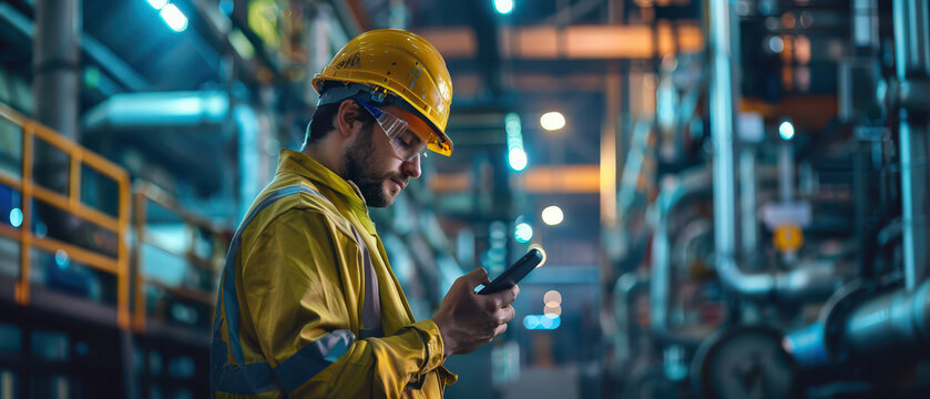 Industrial engineer in safety helmet and reflective vest using smartphone in modern factory. Manufacturing inspection, industry technology and smart production concept.