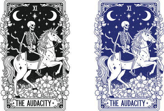Funny skeleton halloween tarot card the audacity rider in black and blue