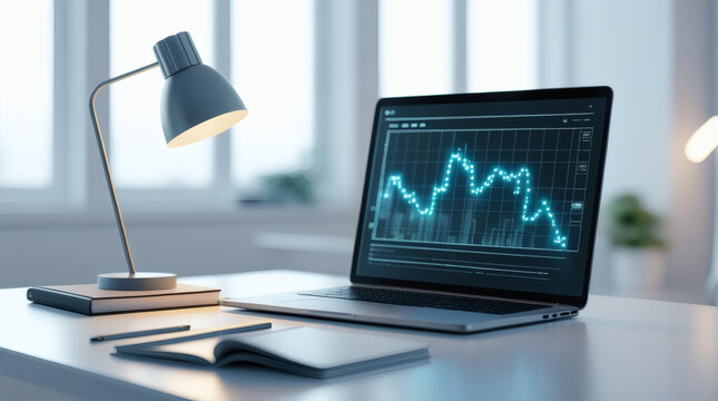 Modern minimalist workspace with glowing futuristic digital charts, sleek desk and blank copy space for text