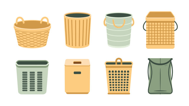 Eight distinct laundry hamper designs including cylindrical, boxy, and fabric styles are arranged in a grid for a clean, minimalist product display against a light background.
