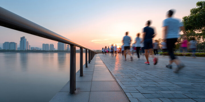 Blurred motion of people jogging along waterfront promenade during sunrise with city skyline in background and calm river