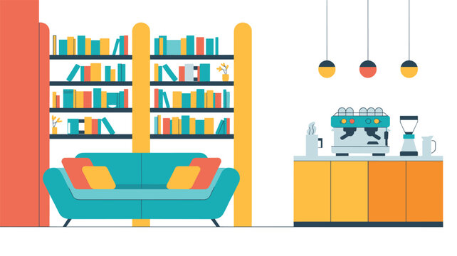 Comfortable lounge area featuring a vibrant teal sofa and organized bookshelves adjacent to a professional coffee station with equipment in a modern office break room setting.