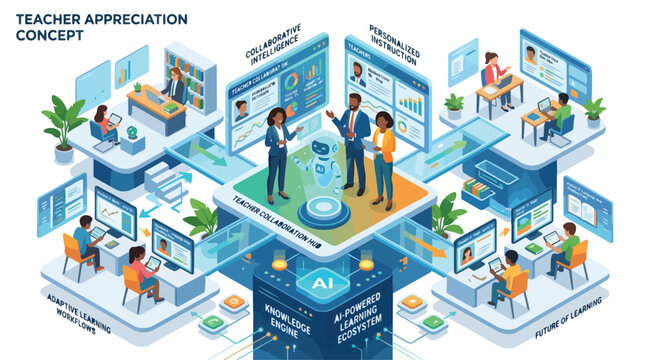Isometric Concept of AI Integration in Modern Education and Teacher Support.