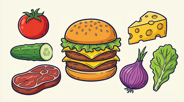 Cartoon burger ingredients vector set, hand drawn fast food icons, fresh cheeseburger components with meat and vegetables for menu design