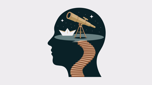 A telescope rests on a dark platform inside a human head silhouette featuring a paper boat and spiral wooden stairs against a muted grey studio backdrop.
