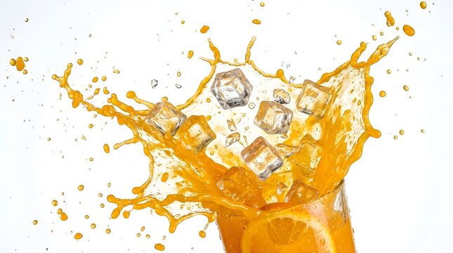 orange juice splash with ice cubes 