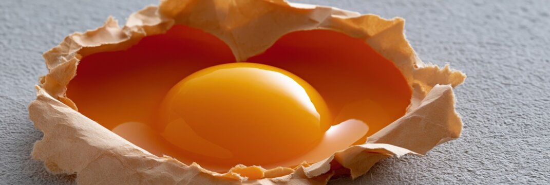 Cracked egg yolk inside a torn heart paper nest background for valentines breakfast poster and food concept design with playful romantic theme