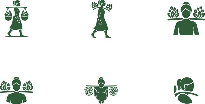 A collection of green vector icons depicting women carrying plants or agricultural goods on their shoulders