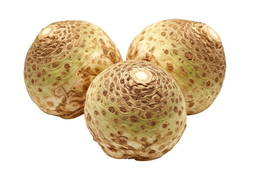 Three celeriac roots with textured surfaces displayed on transparent background celery root vegetable turnip rooted apium