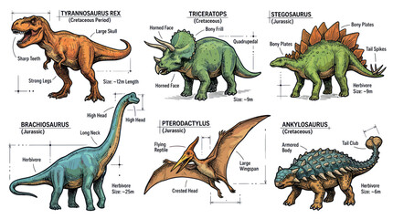 Collection of Dinosaur Illustrations with Labels: Tyrannosaurus Rex, Triceratops, Stegosaurus © Yunan