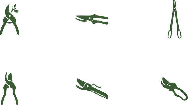 Gardening tool icons set featuring various pruning shears secateurs and loppers for horticulture work