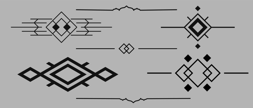 Geometric art deco text dividers featuring bold diamond shapes and symmetric linear design elements.
