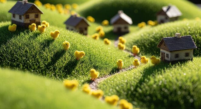 Miniature village scene with chicks on grassy hills, small houses dot the landscape