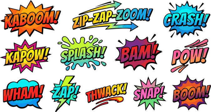 Comic book sound effects sticker set, retro pop art speech bubbles and explosive cartoon action words with colorful gradients