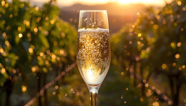 Sparkling Wine in Flute Glass with Bubbles at Sunset in Italian Vineyard