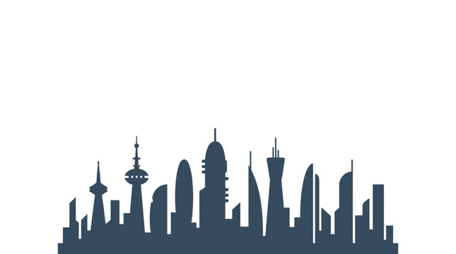 A detailed silhouette of the Kuwait City skyline featuring iconic skyscrapers and towers.