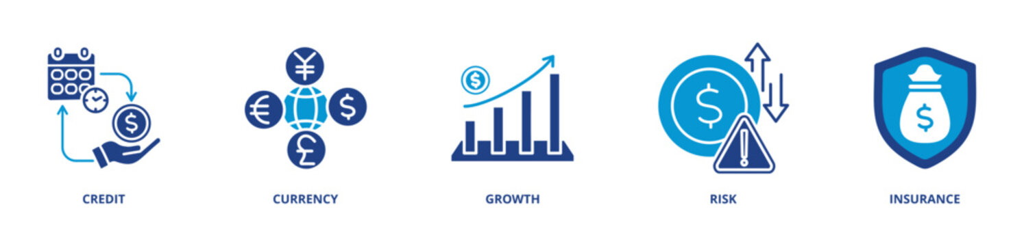 Business & Finance  icon sett lineal illustration concept with icon of credit, currency, growth, risk, insurance icon live stroke and easy to edit 