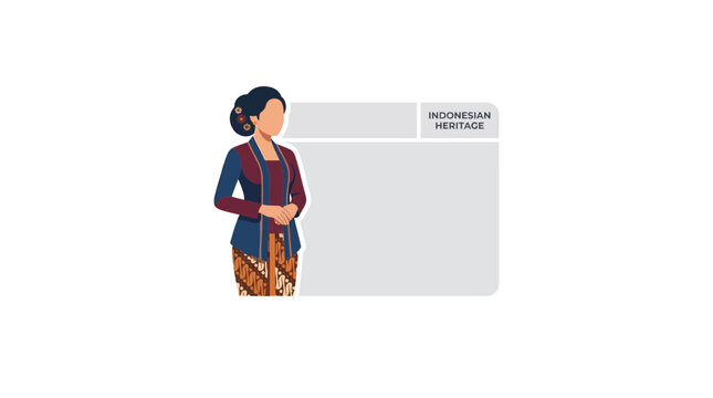 Indonesian woman wearing traditional kebaya standing next to a blank digital interface.