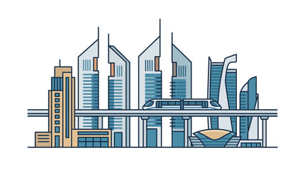 Obraz premium Modern Dubai skyline illustration featuring skyscrapers and a metro train.