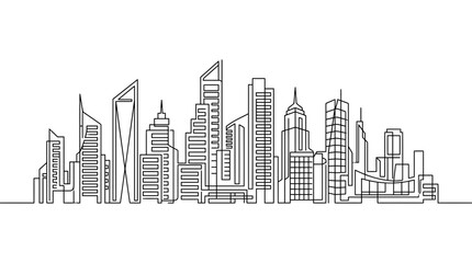 Fototapeta premium A continuous line drawing of a modern city skyline with skyscrapers.