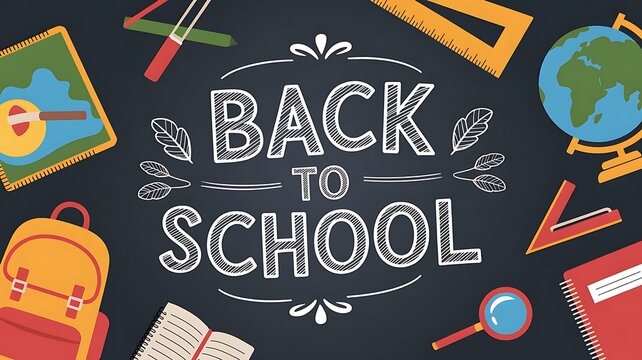 Back to school illustration with backpack globe and stationery supplies on a dark background