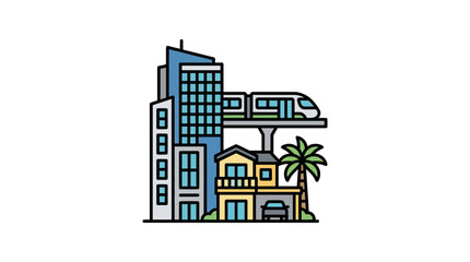 Naklejka premium A stylized illustration of a modern city featuring skyscrapers a monorail and a residential house.
