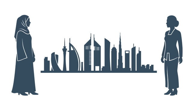 Two women standing on opposite sides of a stylized Dubai city skyline silhouette.