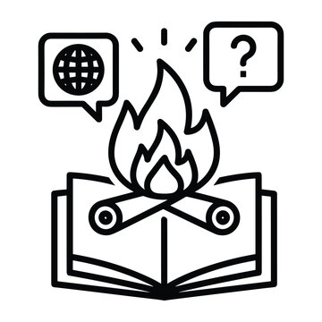 Minimalist campfire book icon, burning wood on open pages vector, global knowledge and curiosity concept illustration