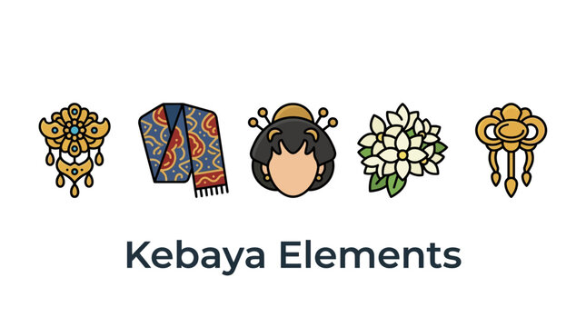 Traditional Indonesian Kebaya fashion accessories and cultural elements illustration.