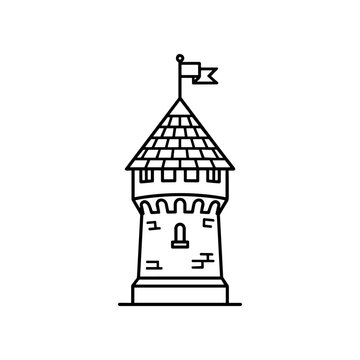 A tall castle tower with flag.