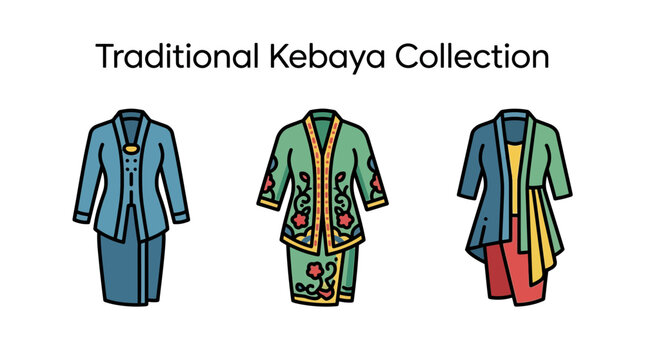 A collection of three traditional Indonesian Kebaya outfits illustrated in a flat vector style.