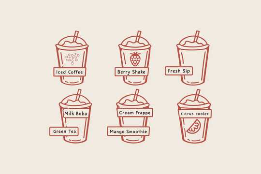 Set of hand drawn doodle iced drinks with labels like iced coffee berry shake milk boba cream frappe mango smoothie and citrus cooler cups for menu design and cafe summer beverage illustration Vector