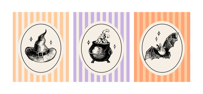 Happy Halloween invitation cards with hand drawn bat, witch hat and cauldron. Festive mood, elegant vintage style. Vector sketch illustration.