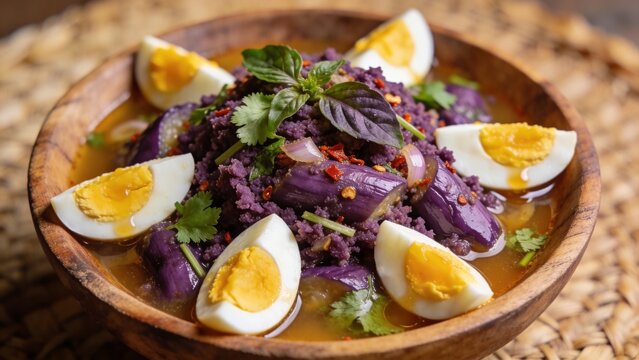 Healthy Thai pounded eggplant salad with boiled egg and herbs. Known as Tam Ma Khua in Northern Thailand or Soup Ma Khua in Isan  representing authentic regional Asian rustic home-cooked dining.