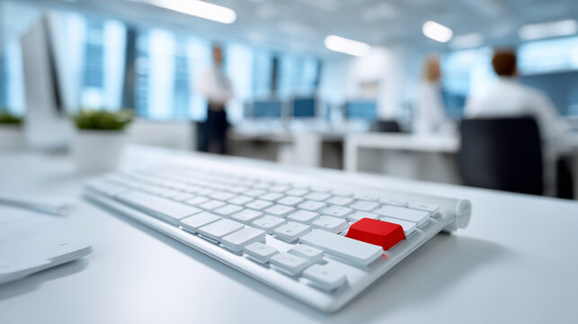 Close-up of white computer keyboard with a single red key in modern environment with blurred people and desks in background