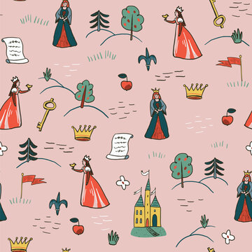 Hand Drawn Medieval Seamless Pattern with princess and objects