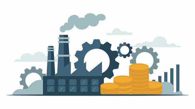 An industrial manufacturing facility featuring large mechanical cogwheels, smoke-emitting chimneys, and a growing stack of golden coins symbolizing financial production and success