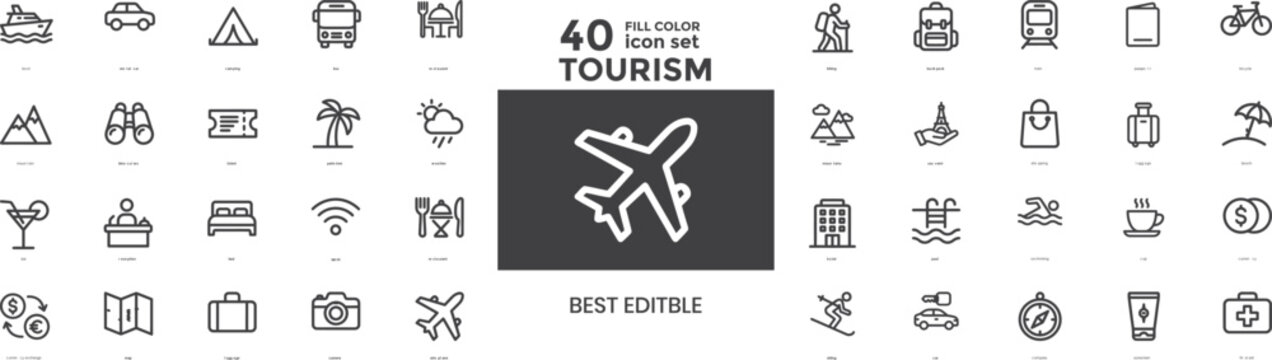 Flight and Travel Web Icon Set in Linear Style. Collection of Airport line icons, including aviation, travel, airplane, passport, airline service, Tourism icons set with 40 fill color illustrations