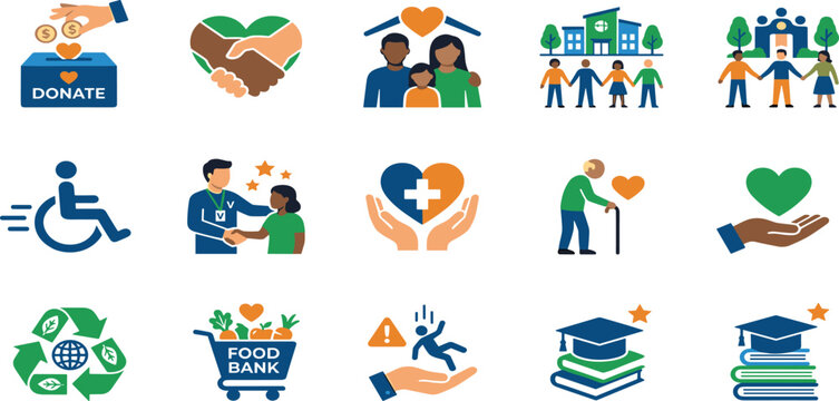 Charity and Community Support Flat Icon Set with Charity Donation Food Bank Medical Care and Volunteer Service Symbols for Non Profit Organizations
