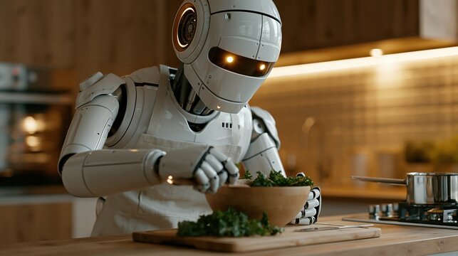 Domestic Robot Preparing Fresh Healthy Meal