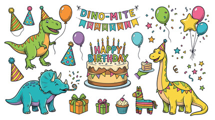 Dinosaur Birthday Party Celebration Elements - Fun Illustration © Yunan