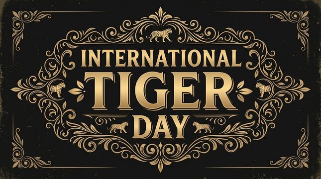 Image is a vintage-style graphic with an ornate design, featuring the text 'INTERNATIONAL TIGER DAY' prominently in the center. The layout is symmetrical, with intricate decorative flourishes surround