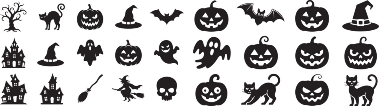 Variety of halloween elements including ghosts bats cats pumpkins and witch hats for holiday projects