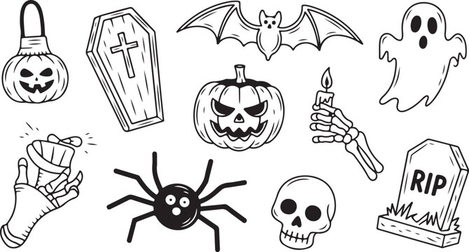 Assorted spooky halloween doodle elements featuring skeletons and classic gothic imagery in hand drawn style