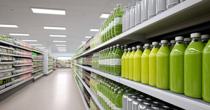 Supermarket aisle with shelves stocked with green juice bottles and various beverages in a bright, clean retail environment