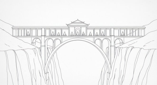 Architectural drawing of a grand bridge with classical building above