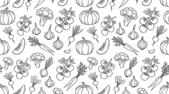 Hand-drawn vegetable pattern seamless design with pumpkin and carrot outlines
