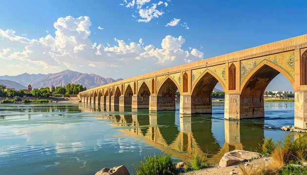 Ancient multi-arched bridge spans a tranquil river under a vibrant blue sky dotted with puffy white clouds, backed by distant mountains