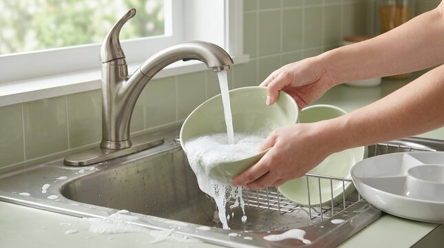 Washing dishes in a kitchen sink with running water